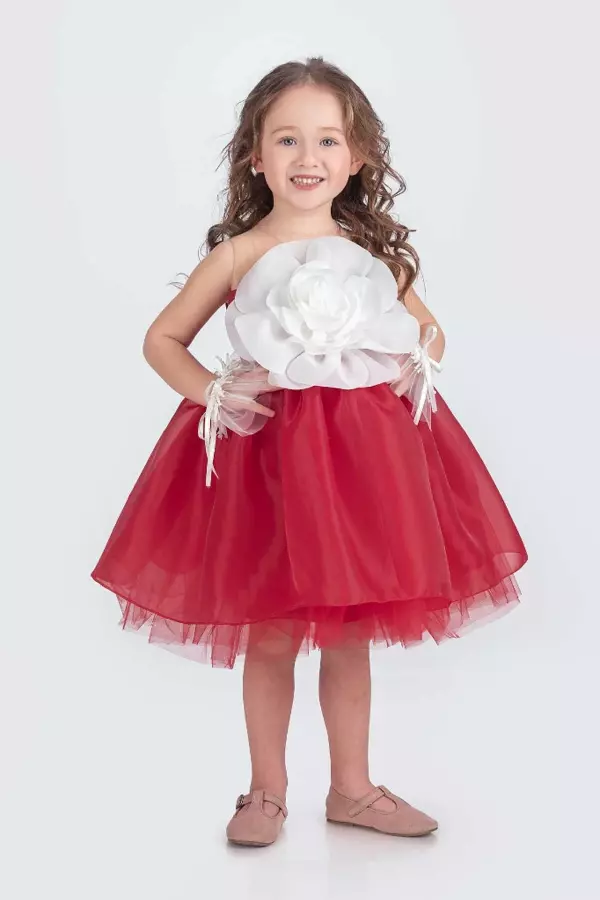 Kız Çocuk Abiye Elbise Karolin Kumaş Gül Aksesuarlı  - Image 1