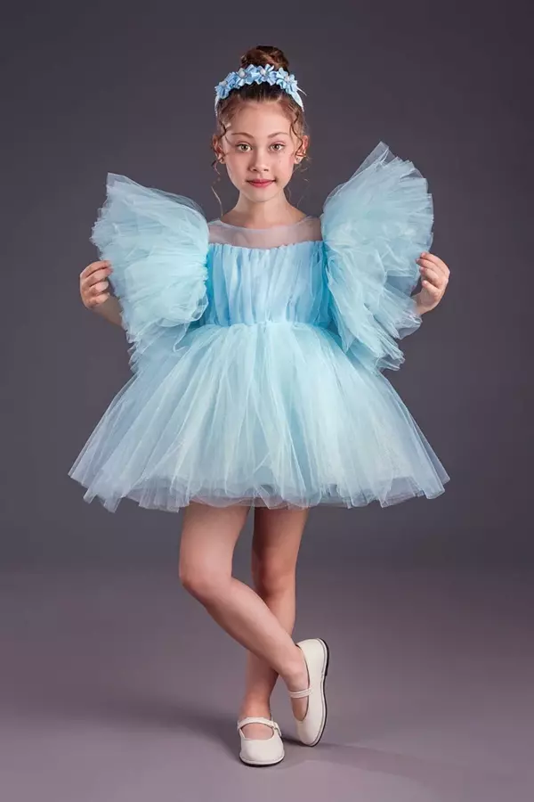 Kız Çocuk Abiye Elbise Inci Taçlı Tütü Etek Kabarık Kollu - Image 1