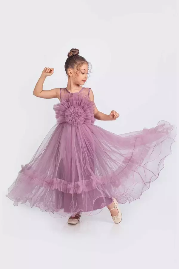 Kız Çocuk Uzun Abiye Elbise Gül Motif - Image 1