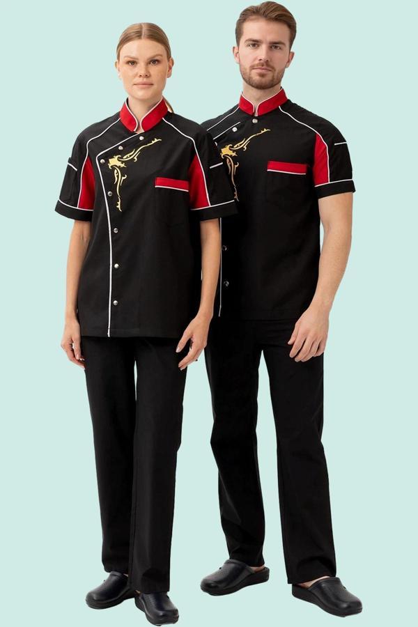 Aşçı Ceketi Kisa Kollu SiyahKırmızı 75 Polyester Evereste Şef Nefes Alabilir Hafif Şık Tasarım - Image 1