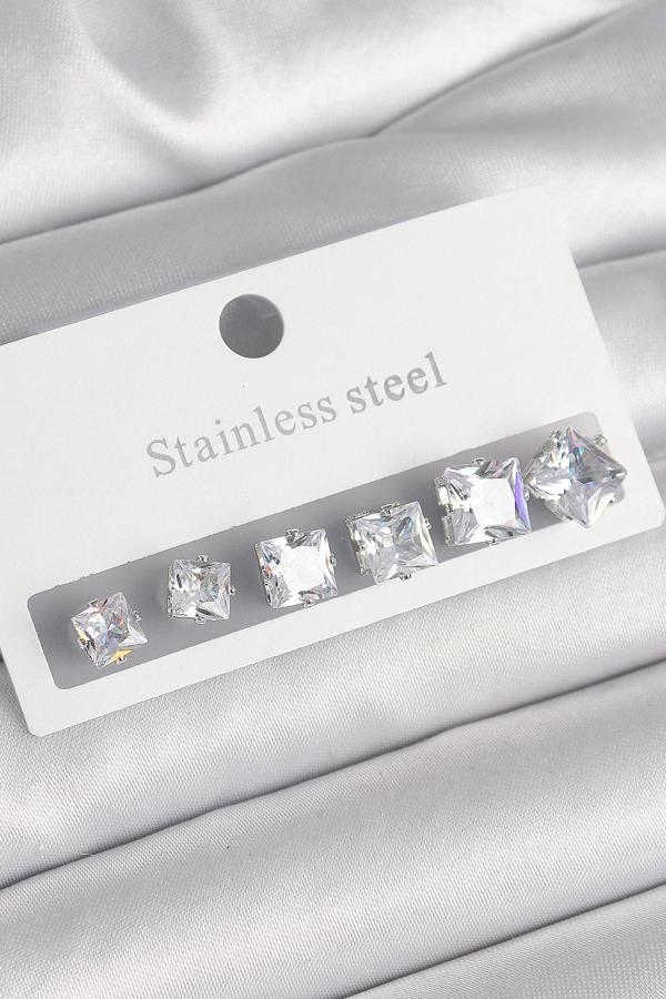 316L Çelik Gümüş Renk Kare Zirkon Taşlı Kadın Küpe Seti - Image 1