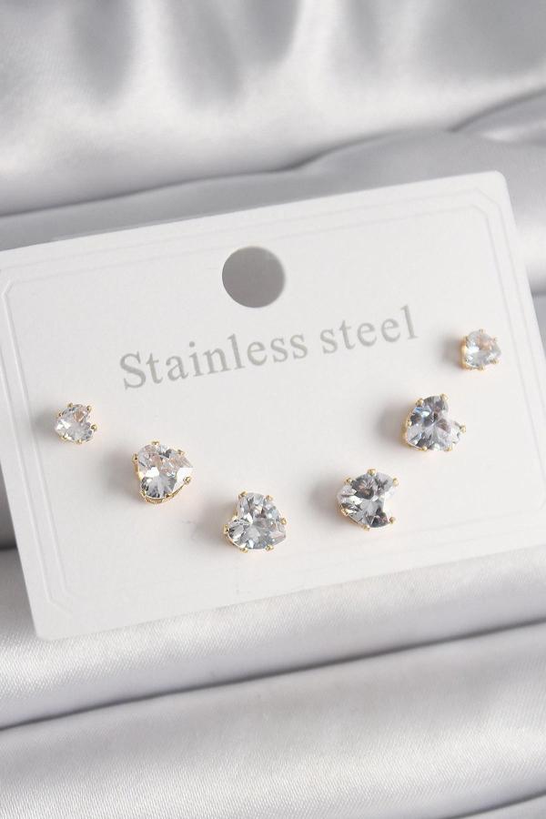 316L Çelik Gold Renk Zirkon Taşlı Kalp Model Kadın Küpe Seti - Image 1