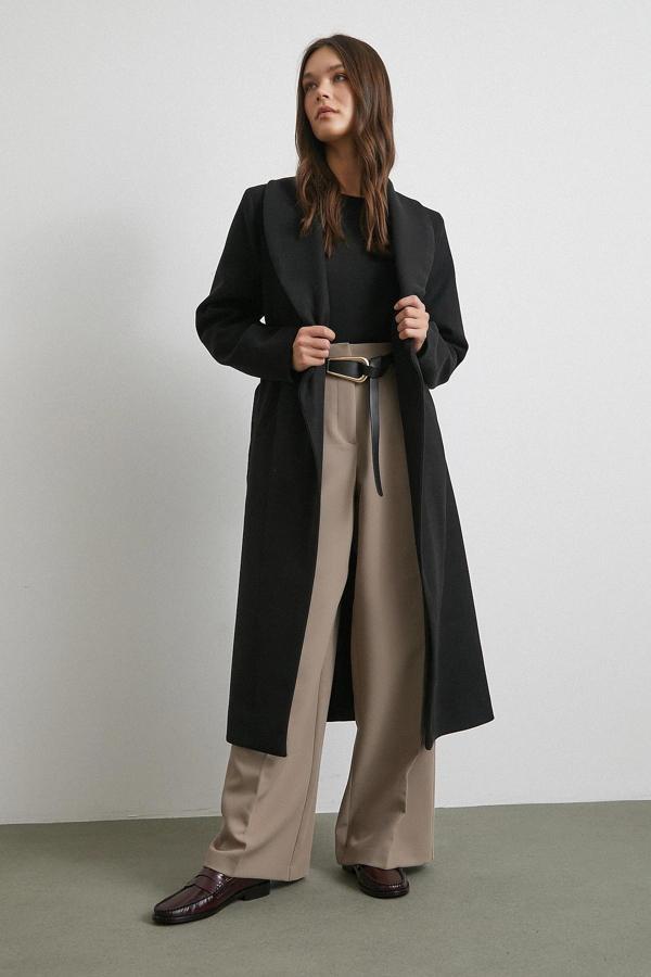 Kuşaklı Kaşe Kaban Siyah - Image 1