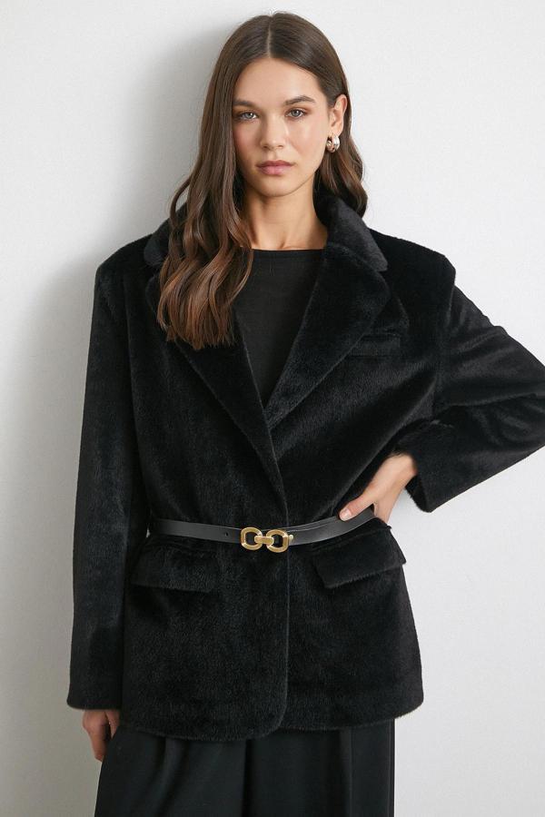 Kemerli Tay Flock Ceket Siyah - Image 1