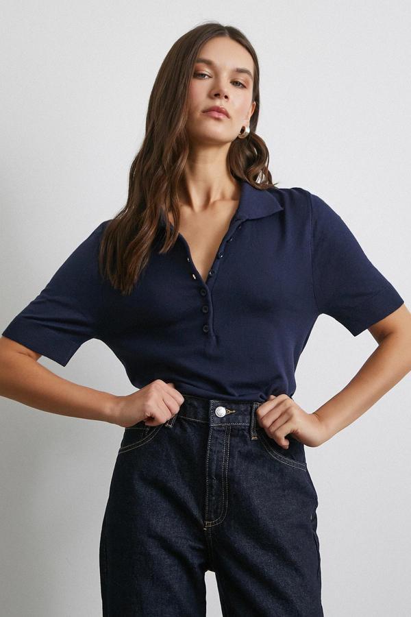 Polo Yaka Düğmeli Kısa Kol Triko Lacivert - Image 1