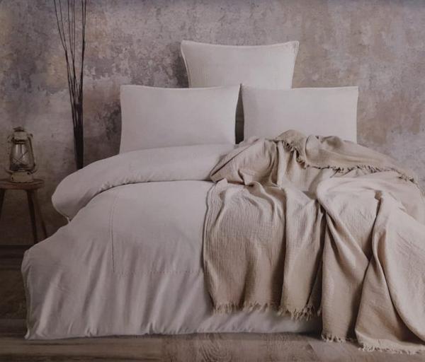 MİLUE ÇİFT KİŞİLİK PİKELİ NAKIŞLI NEVRESİM TAKIMI KREM - Image 1