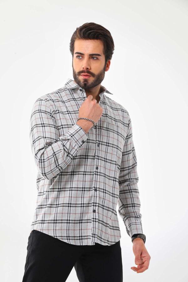 Marisso Erkek Cep Detaylı Çizgili Uzun Kol %100 Pamuk Gömlek 019HL Gri - Image 1