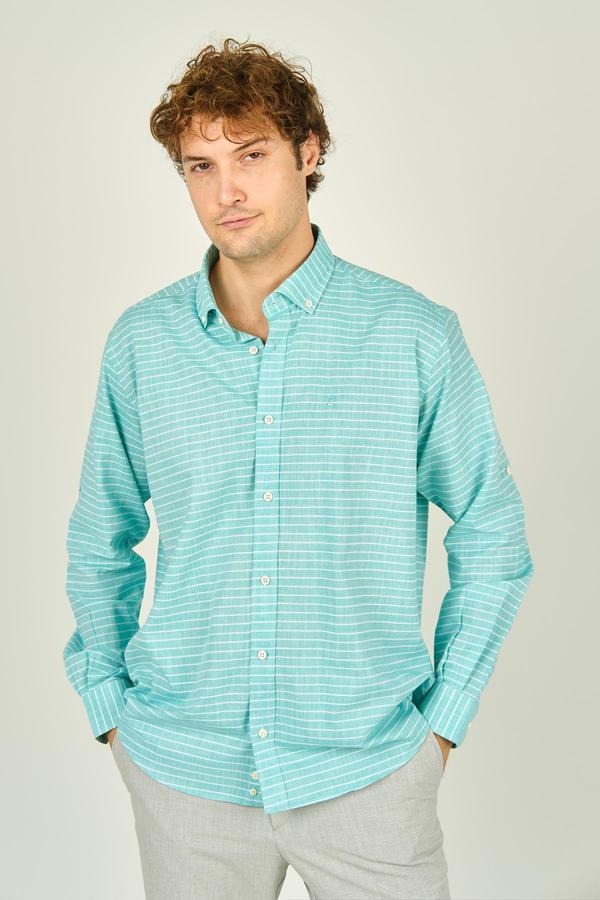 Figs Erkek Slim Fit Çizgili Uzun Kollu %100 Pamuk Gömlek 0015 Mint - Image 1
