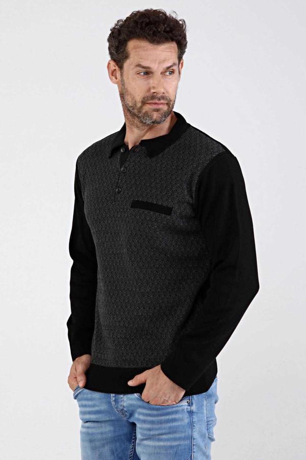 Çizgi Triko Erkek Polo Yaka Çelik Örgü Triko Kazak 4610F Siyah - Image 1