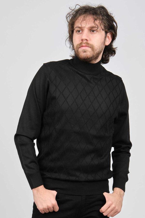 Pave Erkek Yarım Balıkçı Baklava Desenli Yün Kazak 4537220 Siyah - Image 1