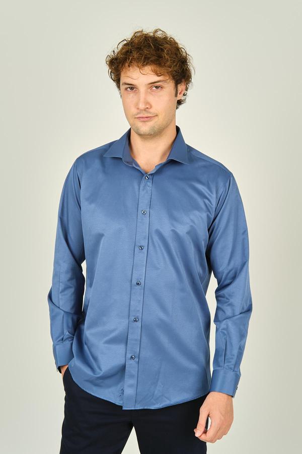 Figs Erkek Slim Fit Uzun Kollu Pamuklu Parlak Kumaş Gömlek 0013 Indigo - Image 1