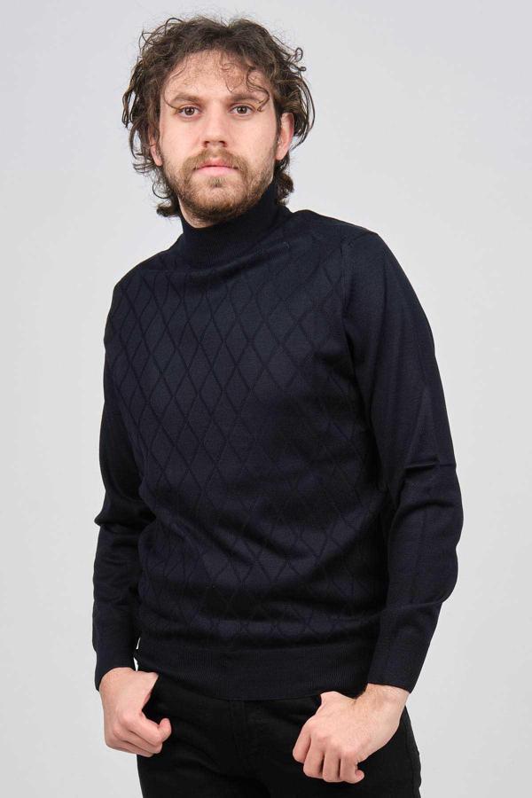 Pave Erkek Yarım Balıkçı Baklava Desenli Yün Kazak 4537220 Lacivert - Image 1