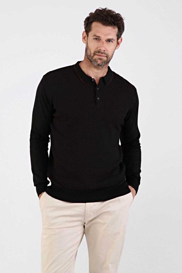 Çizgi Triko Erkek Polo Yaka Pamuklu Triko Kazak 4661F Siyah - Image 1
