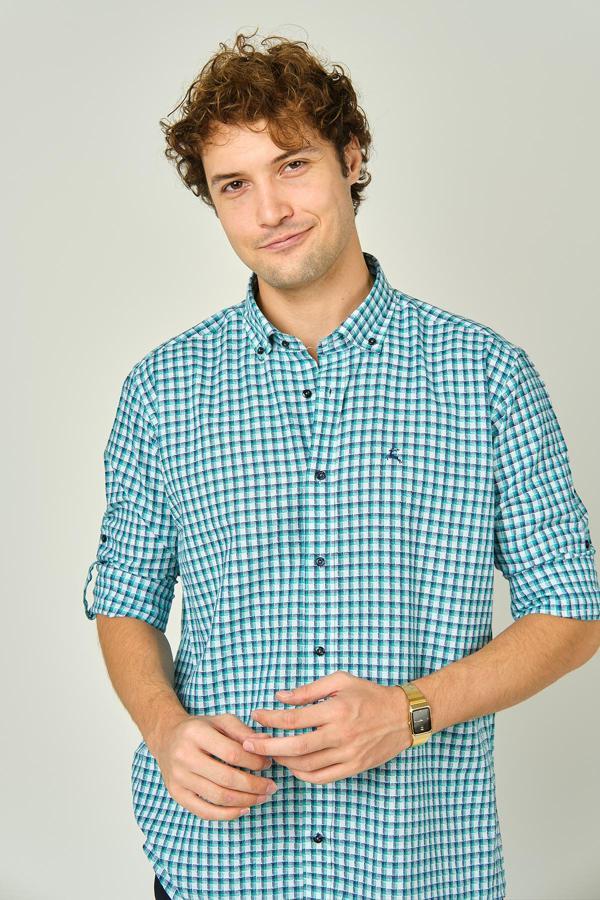 Figs Erkek Slim Fit Ekoseli Uzun Kollu %100 Pamuk Gömlek 0016 Mint - Image 1