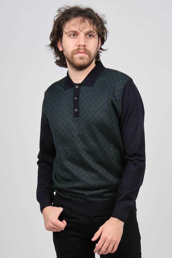 Pave Erkek Polo Yaka Desenli Yün Kazak 4537134 Lacivert - Image 1