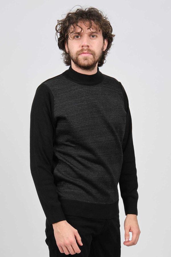 Çizgi Triko Erkek Yarım Balıkçı Yaka Desenli Kazak 42564225 Siyah - Image 1