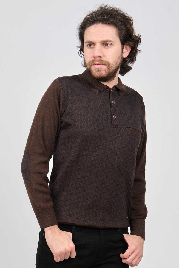 Çizgi Triko Erkek Cep Detaylı Polo Yaka Desenli Kazak 42544215 Kahverengi - Image 1