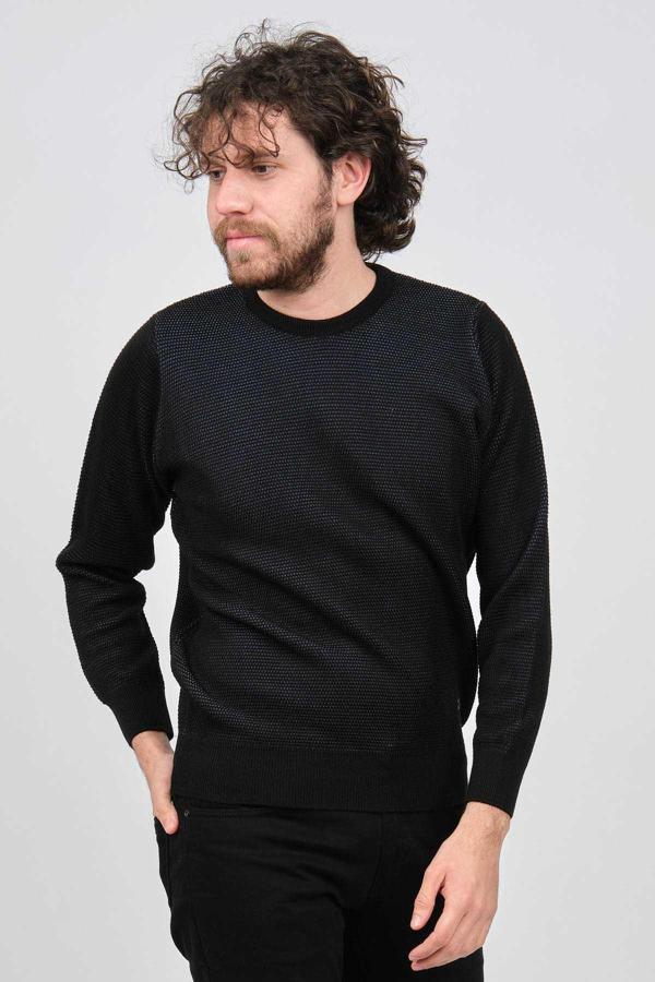 Çizgi Triko Erkek Bisiklet Yaka Desenli Kazak 42554224 Siyah - Image 1