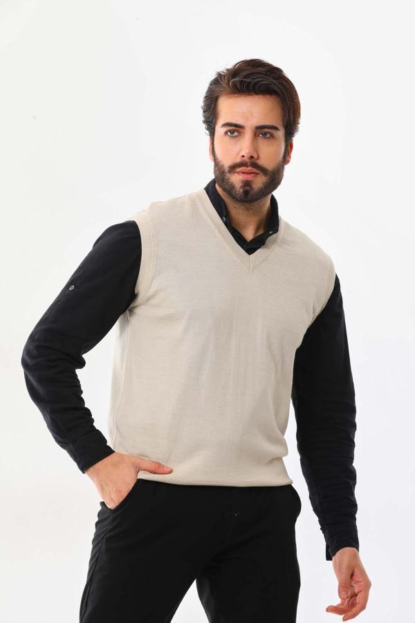 Günay Erkek V Yaka Yün Süveter 1000 Bej - Image 1
