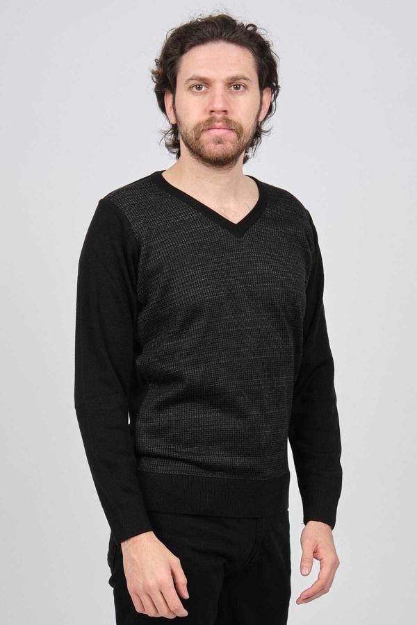 Çizgi Triko Erkek Çizgili V Yaka Kazak 42574225 Siyah - Image 1