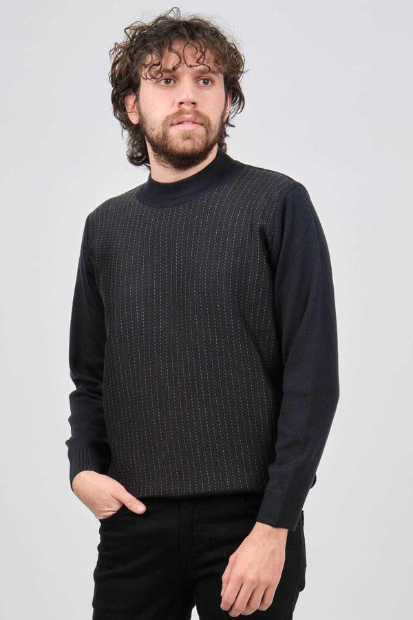 Çizgi Triko Erkek Yarım Balıkçı Çizgi Desenli Kazak 42564234 Lacivert - Image 1