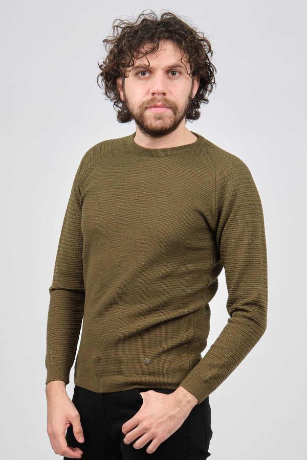 Çizgi Triko Erkek Bisiklet Yaka Slim Fit Kazak 42554259 Haki - Image 1