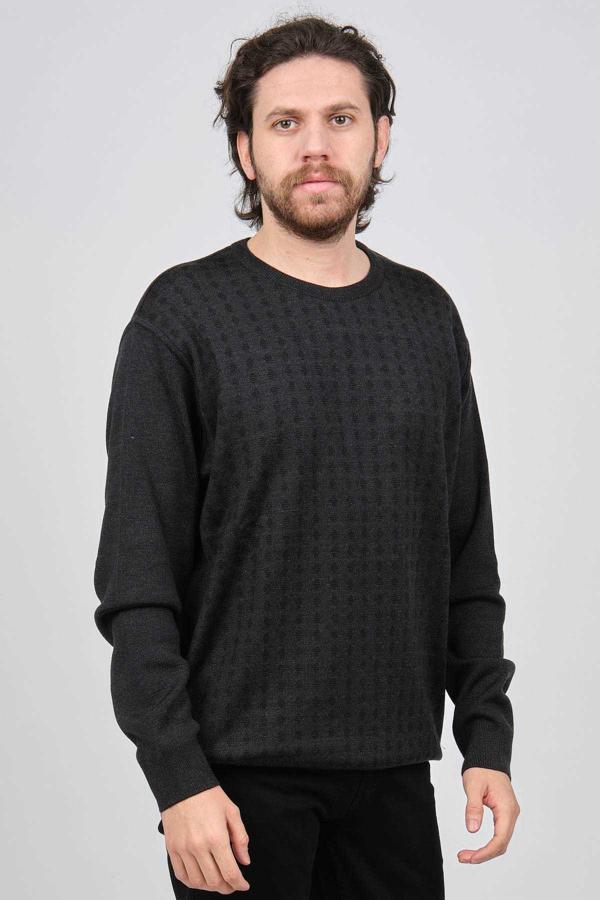 Çizgi Triko Erkek Bisiklet Yaka Desenli Kazak 425554216 Lacivert - Image 1