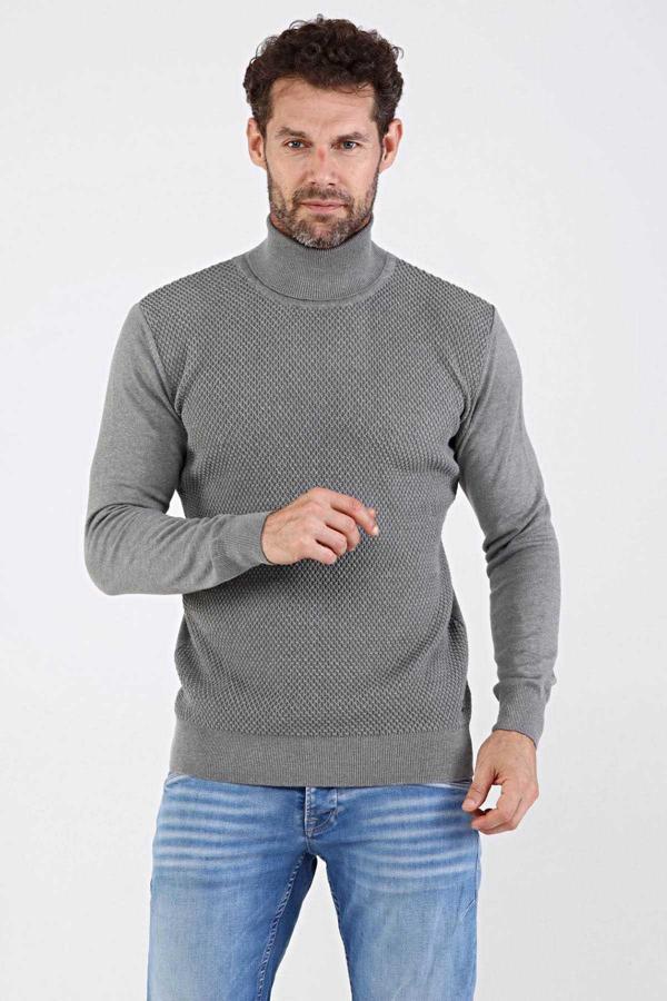 Çizgi Triko Erkek Tam Balıkçı Yaka Pamuklu Triko Kazak 4669E Gri - Image 1