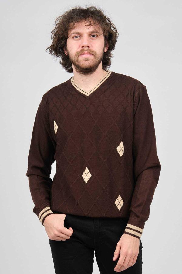 Neyir Erkek V Yaka Baklava Desenli Yün Kazak 1343102 Kahverengi - Image 1