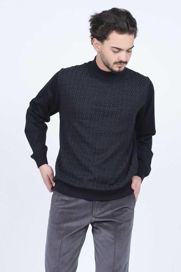 Ateş Triko Erkek Yarım Balıkçı Desenli Yün Kazak 6092254 Lacivert - Image 1