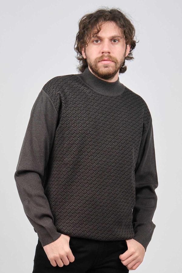 Ateş Triko Erkek Yarım Balıkçı Desenli Yün Kazak 60912086 Füme - Image 1