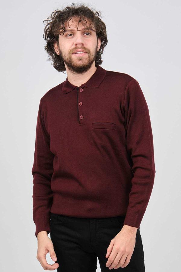 Çizgi Triko Erkek Cep Detaylı Polo Yaka Kazak 42544241 Bordo - Image 1