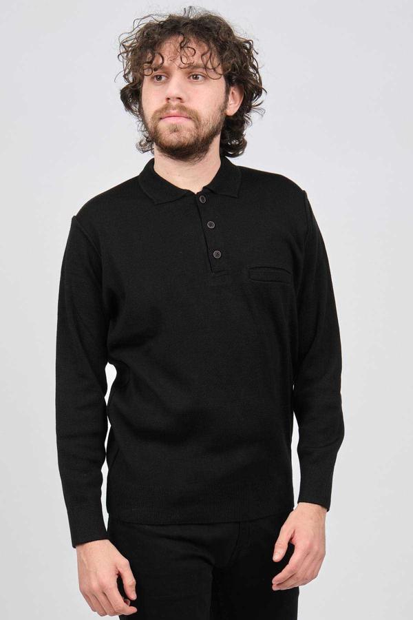 Çizgi Triko Erkek Cep Detaylı Polo Yaka Kazak 42544241 Siyah - Image 1