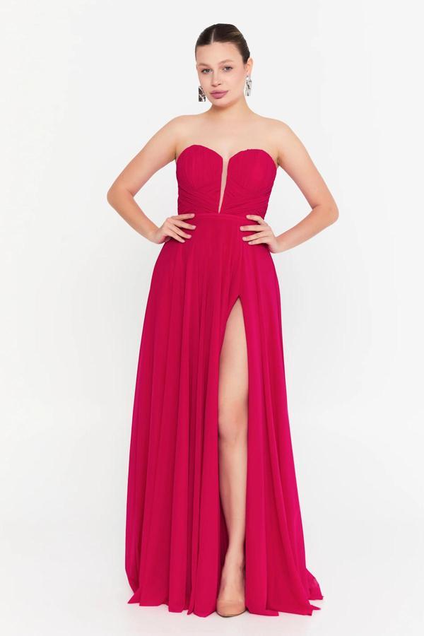 Şeref Vural Kadın Straplez Derin Yırtmaçlı Maxi Abiye Elbise 8322 Mercan - Image 1