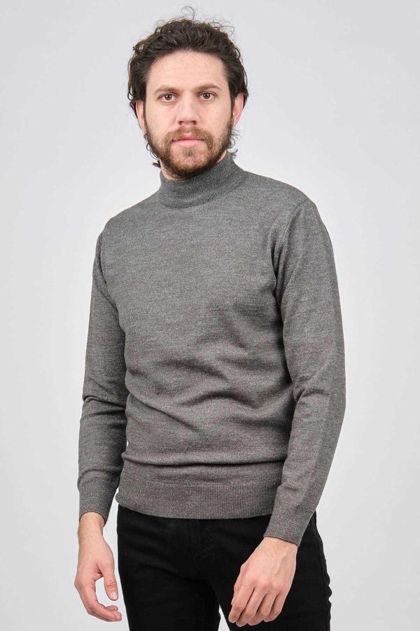 Çizgi Triko Erkek Yarım Balıkçı Yaka Düz Kazak 42564252 Gri - Image 1