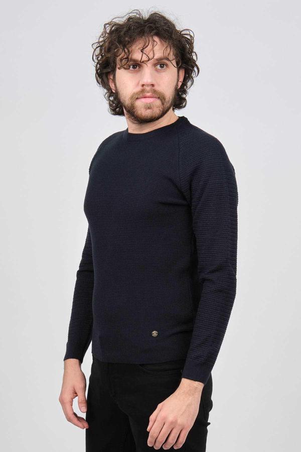 Çizgi Triko Erkek Bisiklet Yaka Slim Fit Kazak 42554259 Lacivert - Image 1