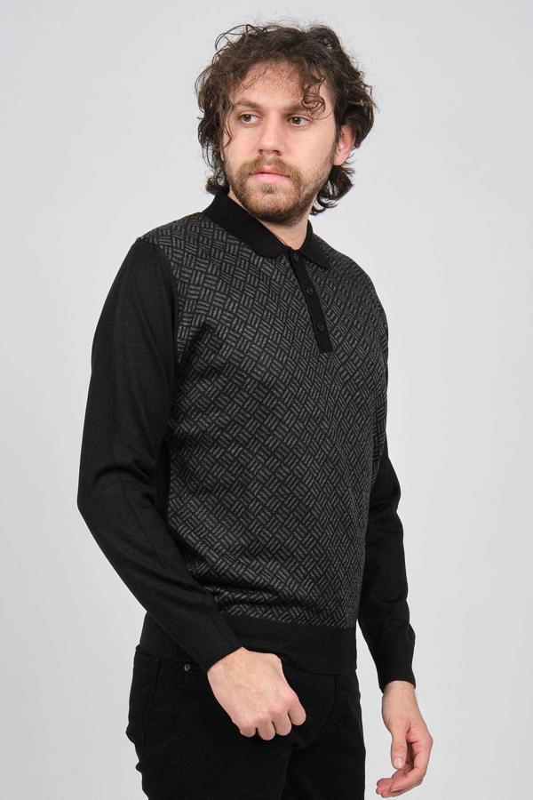 Pave Erkek Polo Yaka Desenli Yün Kazak 4537134 Siyah - Image 1