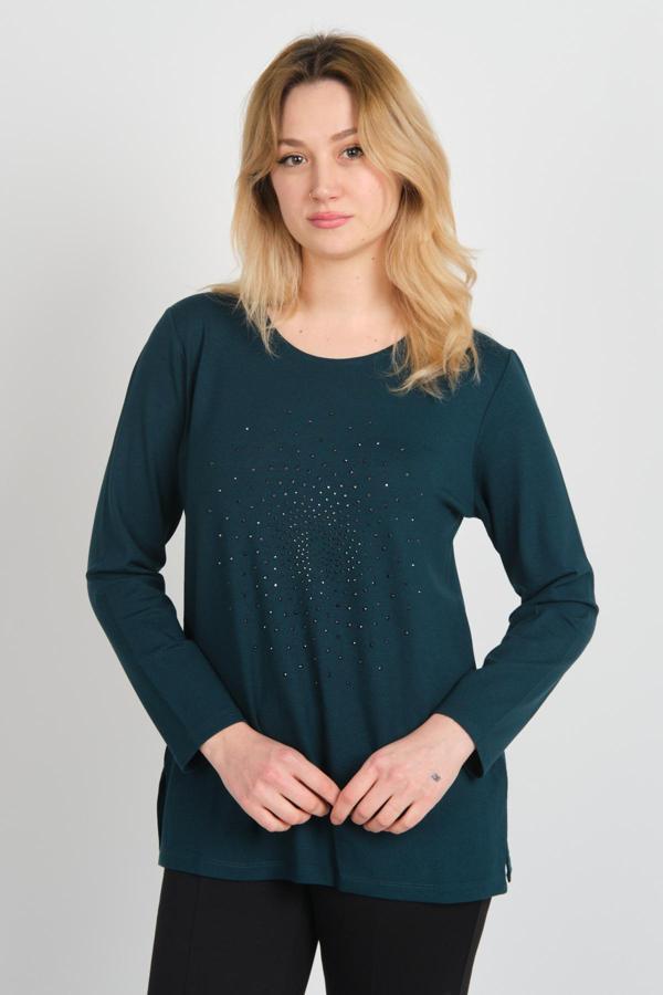 Detay Triko Kadın Yanları Yırtmaçlı Taş İşlemeli Uzun Kollu Anne Bluz 5703 Zümrüt - Image 1