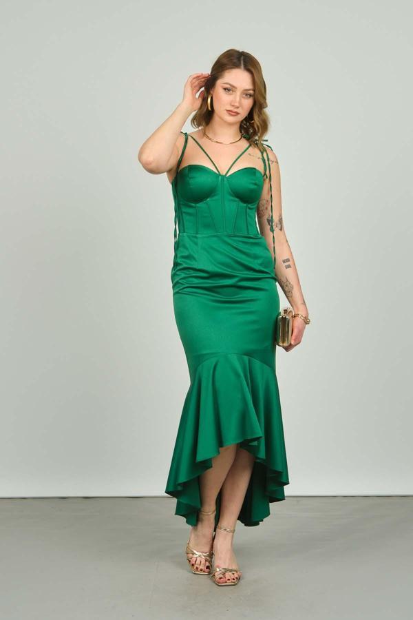 Escoll Kadın Önü Balenli Saten Abiye Elbise 2046 Zümrüt - Image 1