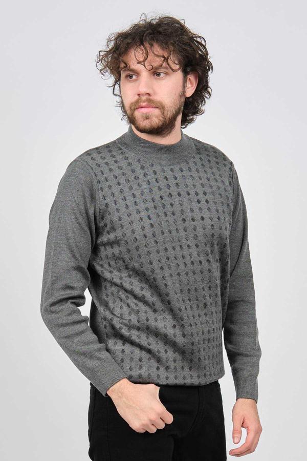 Çizgi Triko Erkek Yarım Balıkçı Yaka Desenli Kazak 42564216 Gri - Image 1