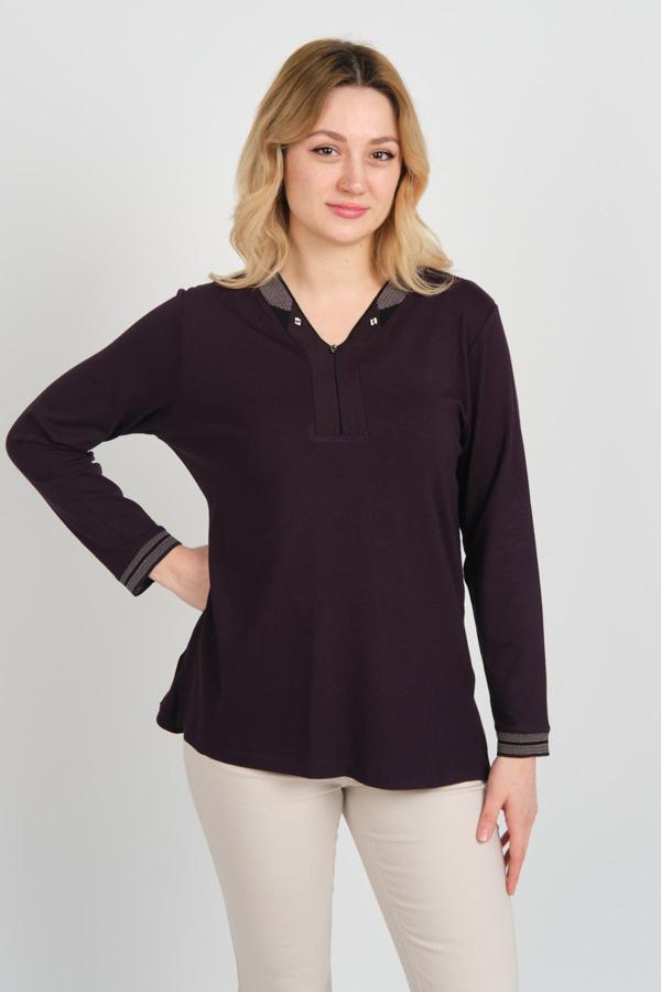 Detay Triko Kadın V Yaka ve Yakası Taş Detaylı Uzun Kollu Anne Bluz 5711 Mürdüm - Image 1