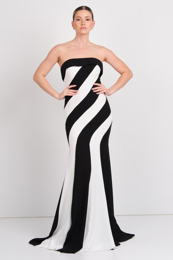 Şeref Vural Kadın Straplez Krep Kumaş Balık Form Abiye Elbise 8333 Siyah-Beyaz - Image 1