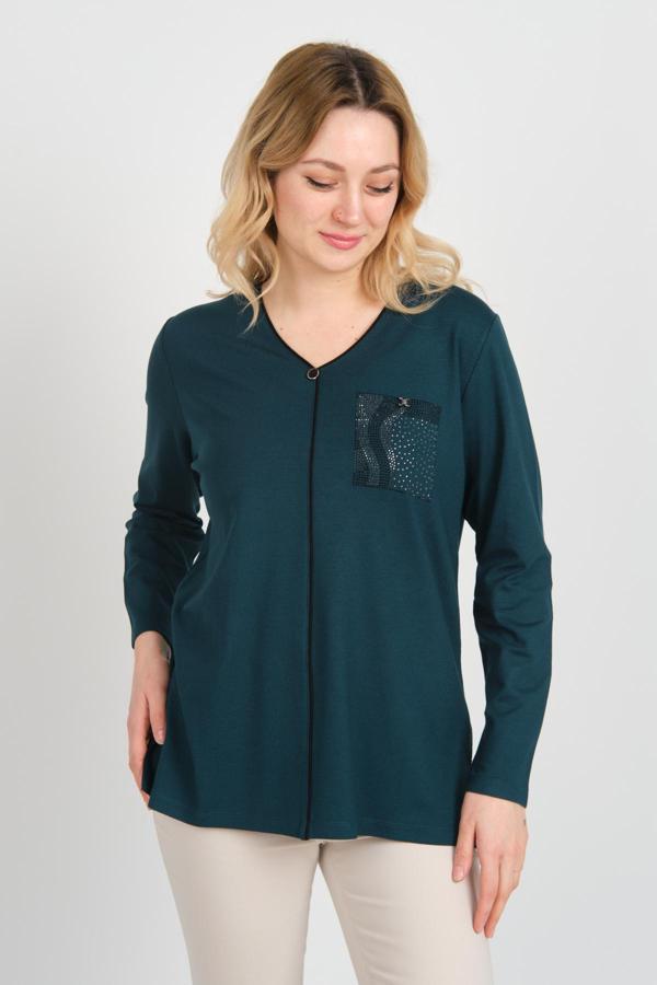 Detay Triko Kadın Taş İşlemeli V Yaka Uzun Kollu Yanları Yırtmaçlı Anne Bluz 5728 Zümrüt - Image 1