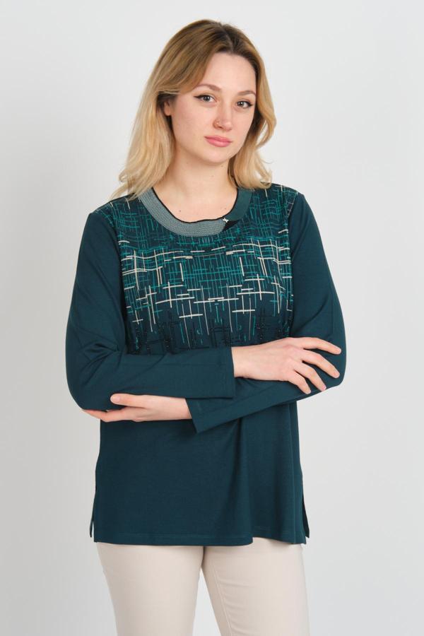 Detay Triko Kadın Taş Detaylı Desenli Yanları Yırtmaçlı Uzun Kol Anne Bluz 5741 Zümrüt - Image 1