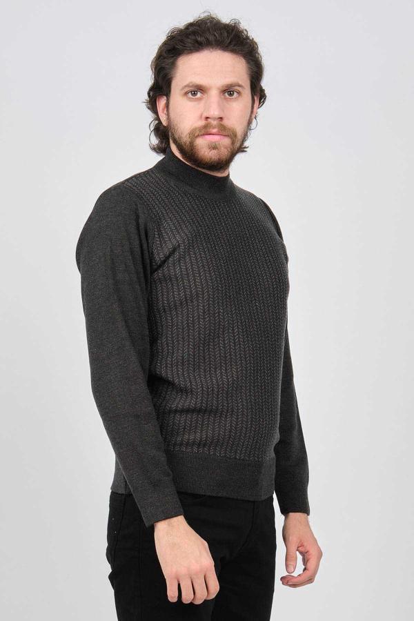 Çizgi Triko Erkek Yarım Balıkçı Çizgi Desenli Kazak 42564234 Koyu Gri - Image 1