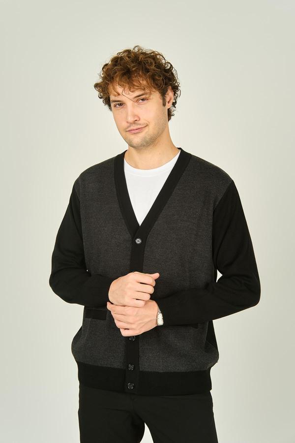 Ateş Triko Erkek Cep Detaylı V Yaka Yün Hırka 4490 Siyah - Image 1