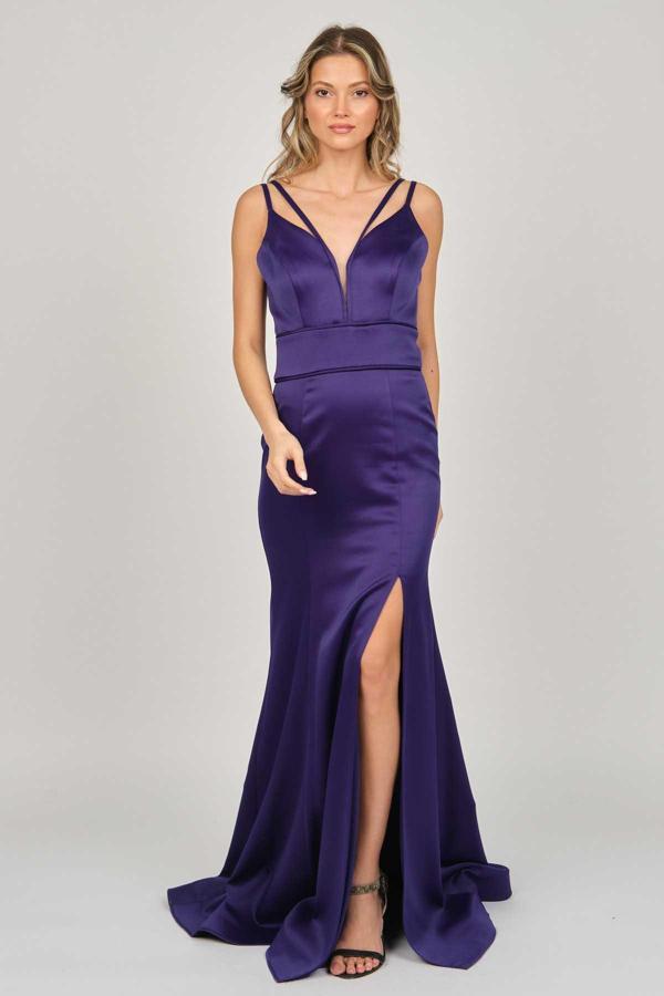 Şeref Vural Kadın Saten Askılı Abiye Elbise 5437771 Gece Mavisi - Image 1