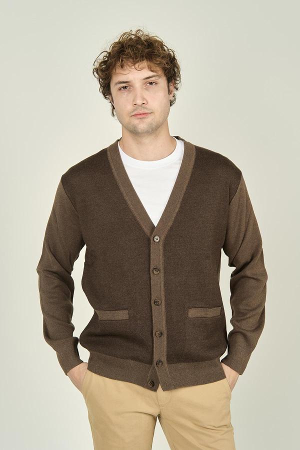 Ateş Triko Erkek Cep Detaylı V Yaka Yün Hırka 4490 Vizon - Image 1