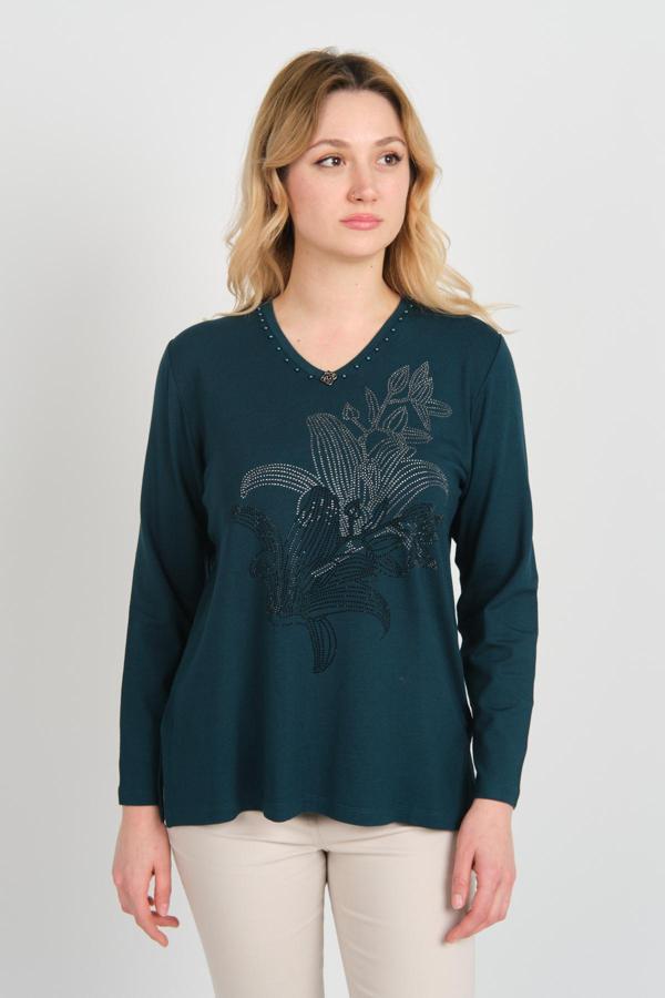 Detay Triko Kadın Önü Taş Süslemeli Yakası Boncuk Detaylı Uzun Kol Anne Bluz 5747 Zümrüt - Image 1