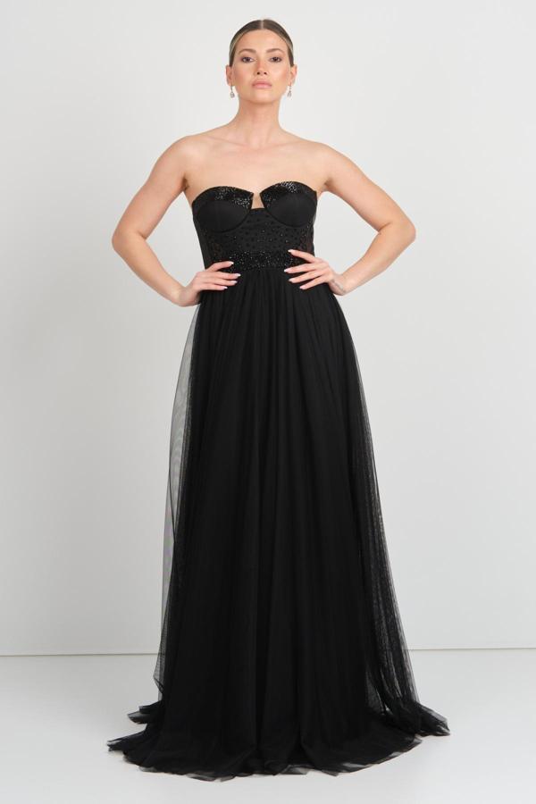 Ömür Inn Kadın Straplez Üstü Transparan Altı Tül Uzun Abiye Elbise 5542 Siyah - Image 1